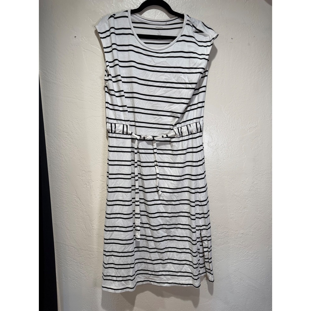 Sonoma Goods For‎ Life Womens Large Striped Sleeveless Midi Dress White Black L